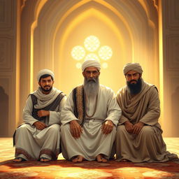 A serene and respectful depiction of Prophet Muhammad sitting with his grandsons, Hasan and Husayn, and his cousin and son-in-law, Ali