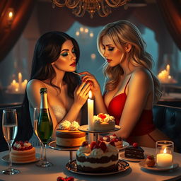 In a cozy, dimly lit restaurant, two enchanting young women are seated at a candlelit table adorned with an enticing array of cakes, desserts, and sparkling champagne