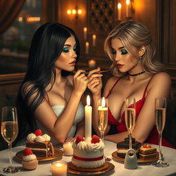 In a cozy, dimly lit restaurant, two enchanting young women are seated at a candlelit table adorned with an enticing array of cakes, desserts, and sparkling champagne