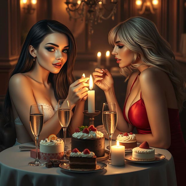 In a cozy, dimly lit restaurant, two enchanting young women are seated at a candlelit table adorned with an enticing array of cakes, desserts, and sparkling champagne