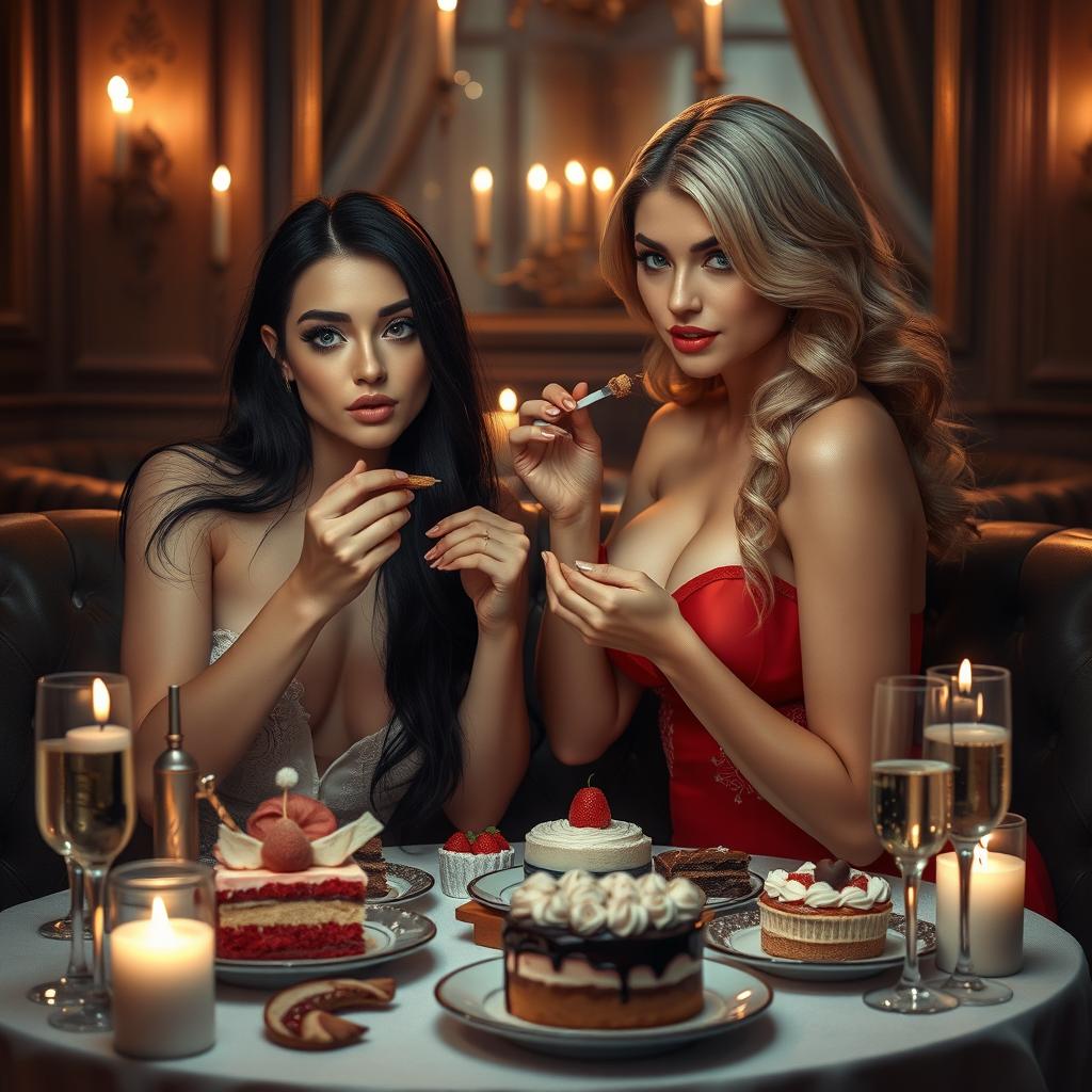 In a cozy, dimly lit restaurant, two enchanting young women are seated at a candlelit table adorned with an enticing array of cakes, desserts, and sparkling champagne