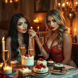 In a romantic, dimly lit restaurant, two enchanting young women are seated at a candlelit table filled with an irresistible assortment of cakes, desserts, and sparkling champagne, creating a whimsical atmosphere