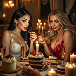 In a romantic, dimly lit restaurant, two enchanting young women are seated at a candlelit table filled with an irresistible assortment of cakes, desserts, and sparkling champagne, creating a whimsical atmosphere