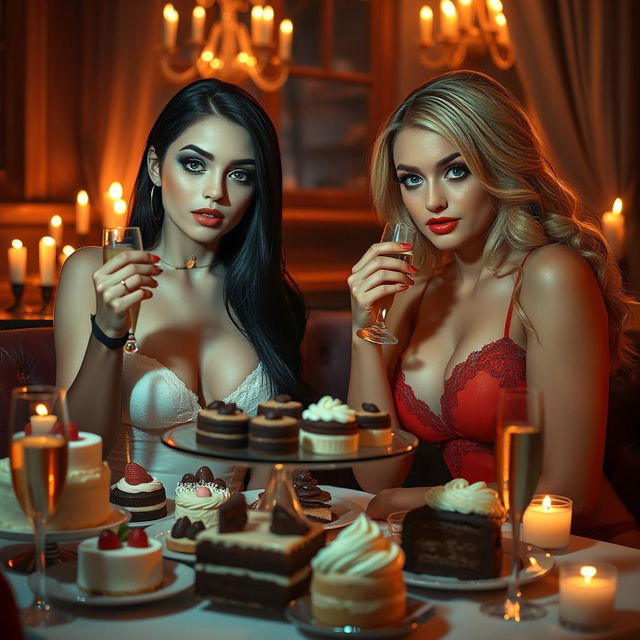 In a romantic, dimly lit restaurant, two enchanting young women are seated at a candlelit table filled with an irresistible assortment of cakes, desserts, and sparkling champagne, creating a whimsical atmosphere