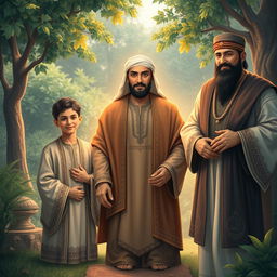A revered scene depicting the Islamic figures: Prophet Muhammad in the center with a serene expression, surrounded by his family