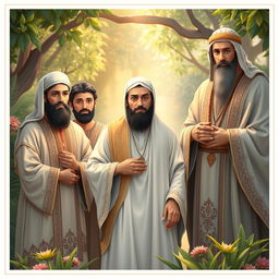 A revered scene depicting the Islamic figures: Prophet Muhammad in the center with a serene expression, surrounded by his family