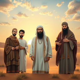 A serene and respectful portrayal of the Prophet Muhammad, positioned centrally in a beautiful landscape