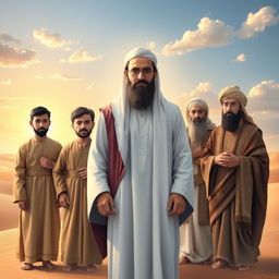 A serene and respectful portrayal of the Prophet Muhammad, positioned centrally in a beautiful landscape