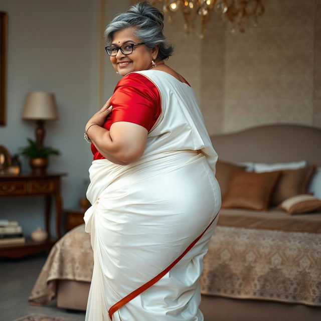 A 55-year-old Indian woman with ultra morbid obesity, featuring silver grey hair styled in a messy bun and wearing glasses, looking confidently at the viewer with a warm smile