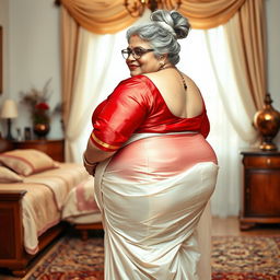 A 55-year-old Indian woman with ultra morbid obesity, featuring silver grey hair styled in a messy bun and wearing glasses, looking confidently at the viewer with a warm smile