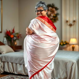 A 55-year-old Indian woman with ultra morbid obesity, featuring silver grey hair styled in a messy bun and wearing glasses, looking confidently at the viewer with a warm smile