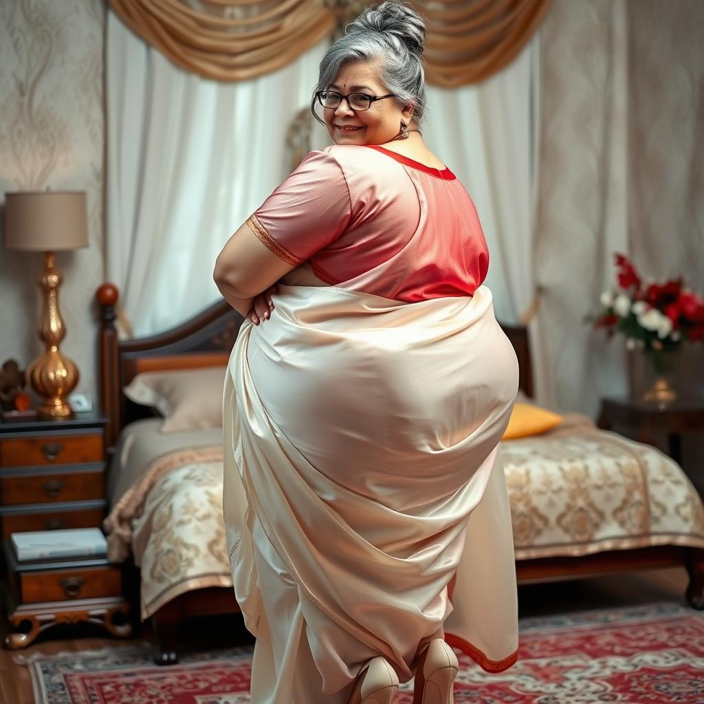 A 55-year-old Indian woman with ultra morbid obesity, featuring silver grey hair styled in a messy bun and wearing glasses, looking confidently at the viewer with a warm smile