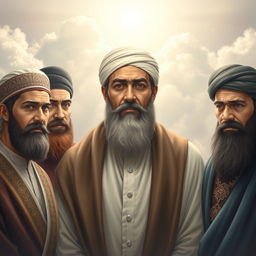 A serene and respectful depiction of the Prophet Muhammad surrounded by prominent figures in Islamic history