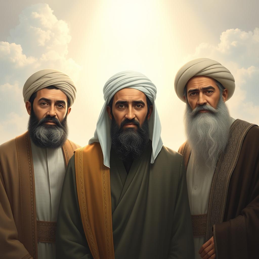 A serene and respectful depiction of the Prophet Muhammad surrounded by prominent figures in Islamic history