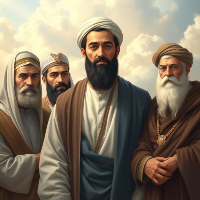 A serene and respectful depiction of the Prophet Muhammad surrounded by prominent figures in Islamic history