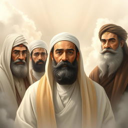 A serene and respectful depiction of the Prophet Muhammad surrounded by prominent figures in Islamic history