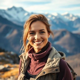 A stunning portrait of a confident woman standing in front of majestic mountains