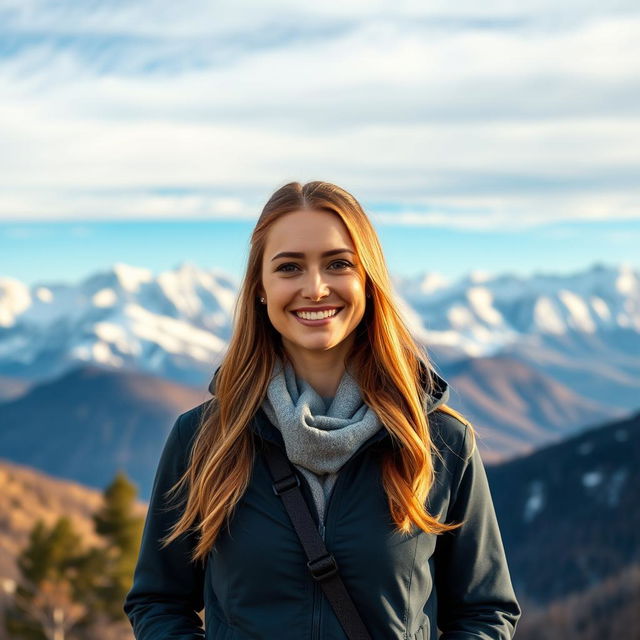 A stunning portrait of a confident woman standing in front of majestic mountains