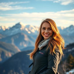 A stunning portrait of a confident woman standing in front of majestic mountains