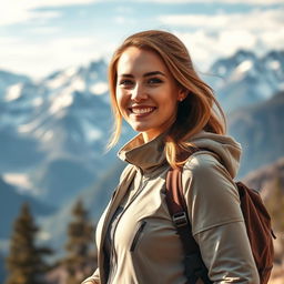 A stunning portrait of a confident woman standing in front of majestic mountains