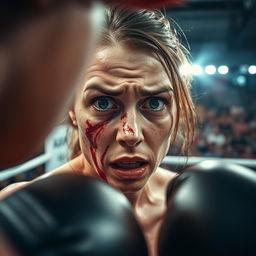 A boxing point of view shot from the perspective of the opponent, focusing on a female Russian fighter at the center of the frame
