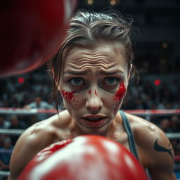 A boxing point of view shot from the perspective of the opponent, focusing on a female Russian fighter at the center of the frame