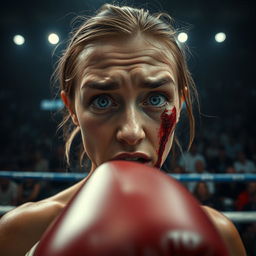 A boxing point of view shot from the perspective of the opponent, focusing on a female Russian fighter at the center of the frame