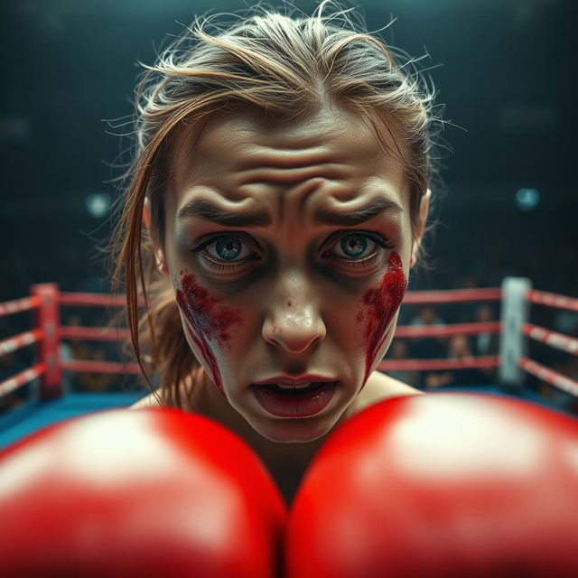 A boxing point of view shot from the perspective of the opponent, focusing on a female Russian fighter at the center of the frame