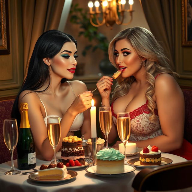 In a charming, dimly lit restaurant, two beautiful young women are playfully feeding each other at a cozy candlelit table, adorned with an enticing array of cakes, desserts, and sparkling champagne