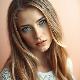 A beautifully detailed portrait of a woman with long flowing hair, set against a soft pastel background
