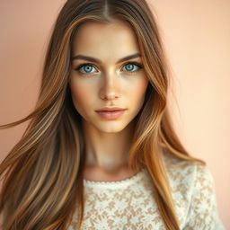 A beautifully detailed portrait of a woman with long flowing hair, set against a soft pastel background