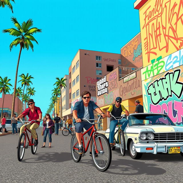 A vibrant GTA San Andreas inspired artwork featuring a bustling urban street scene