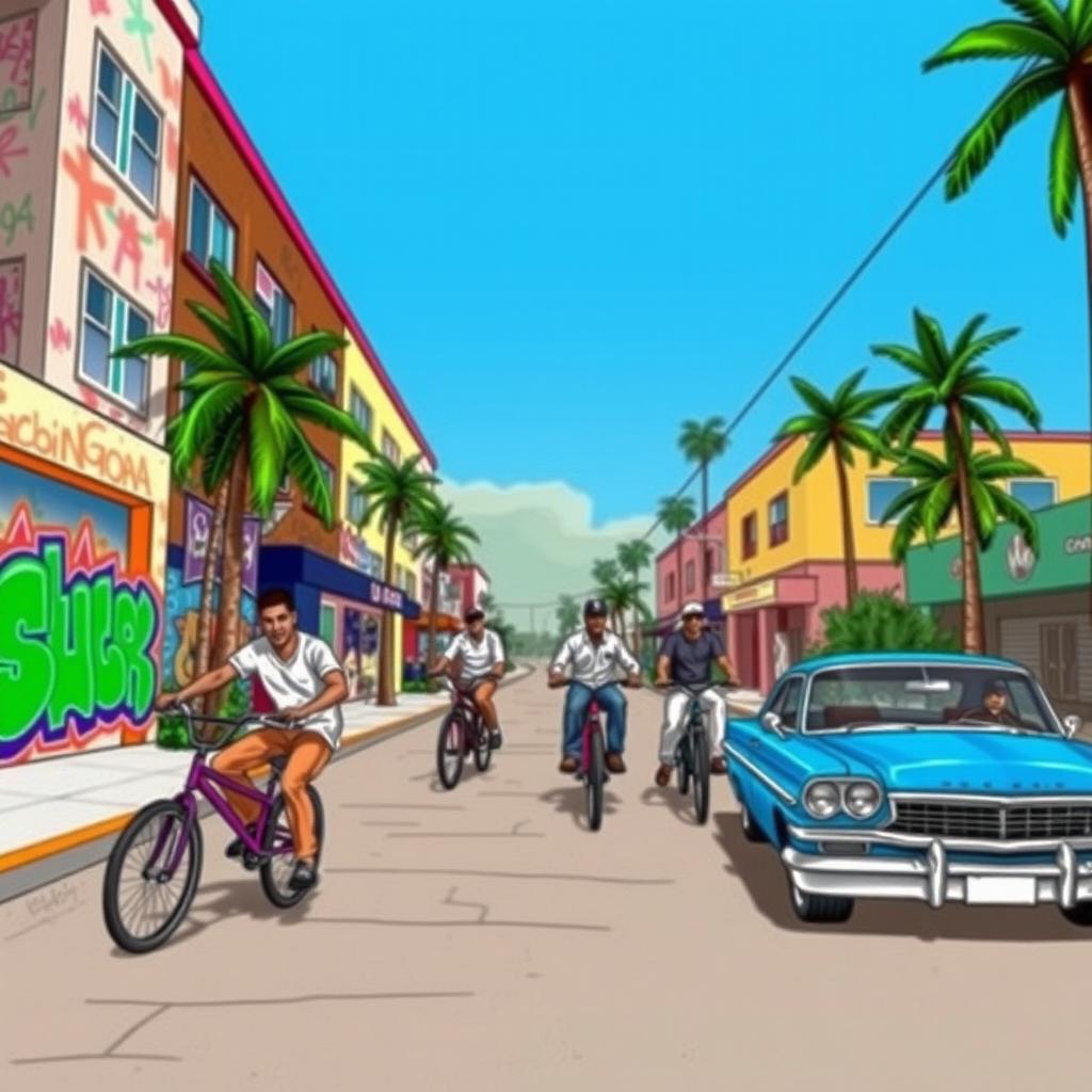 A vibrant GTA San Andreas inspired artwork featuring a bustling urban street scene