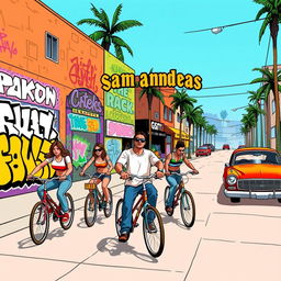 A vibrant GTA San Andreas inspired artwork featuring a bustling urban street scene