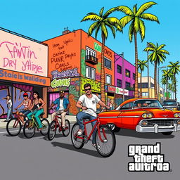 A vibrant GTA San Andreas inspired artwork featuring a bustling urban street scene