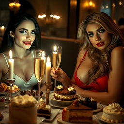 In a dimly lit restaurant, two beautiful young women are enjoying a delightful meal at a candlelit table, overflowing with an enticing assortment of cakes, desserts, and sparkling champagne