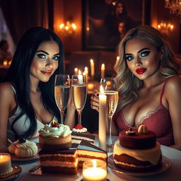 In a dimly lit restaurant, two beautiful young women are enjoying a delightful meal at a candlelit table, overflowing with an enticing assortment of cakes, desserts, and sparkling champagne