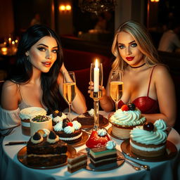 In a dimly lit restaurant, two beautiful young women are enjoying a delightful meal at a candlelit table, overflowing with an enticing assortment of cakes, desserts, and sparkling champagne