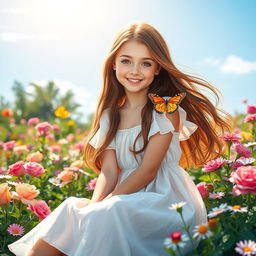 A beautiful girl with long flowing hair, sitting in a vibrant flower garden under a bright blue sky, surrounded by colorful flowers of various kinds like roses and daisies