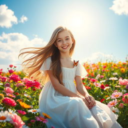A beautiful girl with long flowing hair, sitting in a vibrant flower garden under a bright blue sky, surrounded by colorful flowers of various kinds like roses and daisies