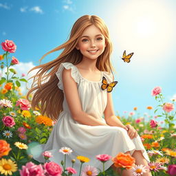 A beautiful girl with long flowing hair, sitting in a vibrant flower garden under a bright blue sky, surrounded by colorful flowers of various kinds like roses and daisies