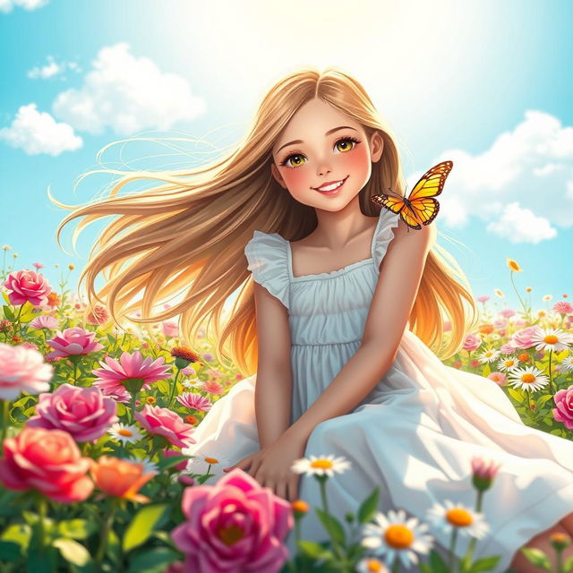 A beautiful girl with long flowing hair, sitting in a vibrant flower garden under a bright blue sky, surrounded by colorful flowers of various kinds like roses and daisies