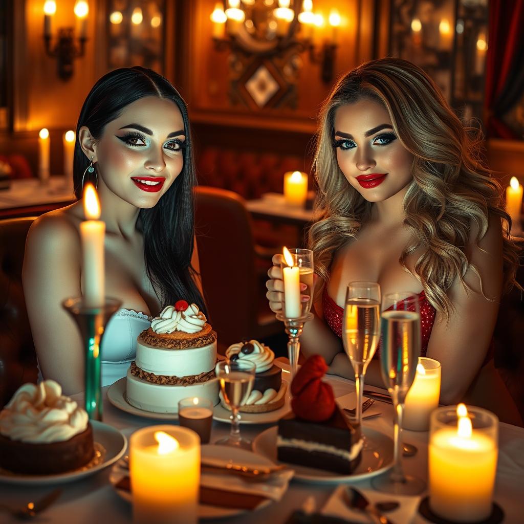 In a cozy, dimly lit restaurant, two stunning young women are seated at a candlelit table overflowing with an appealing assortment of cakes, decadent desserts, and sparkling champagne