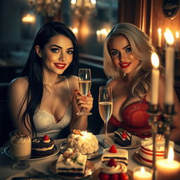 In a cozy, dimly lit restaurant, two stunning young women are seated at a candlelit table overflowing with an appealing assortment of cakes, decadent desserts, and sparkling champagne