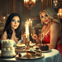 In a cozy, dimly lit restaurant, two stunning young women are seated at a candlelit table overflowing with an appealing assortment of cakes, decadent desserts, and sparkling champagne