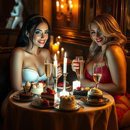 In a cozy, dimly lit restaurant, two stunning young women are seated at a candlelit table overflowing with an appealing assortment of cakes, decadent desserts, and sparkling champagne