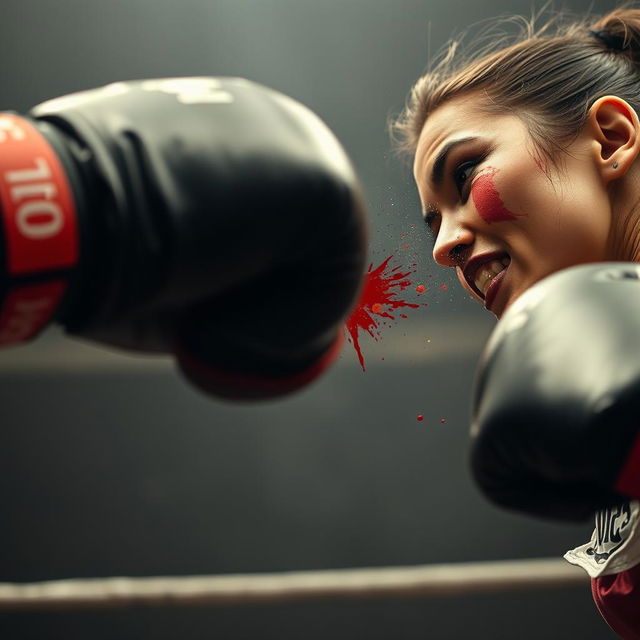 A powerful boxing action shot from the perspective of a fighter delivering a punch to a female Mexican boxer