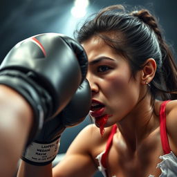 A powerful boxing action shot from the perspective of a fighter delivering a punch to a female Mexican boxer