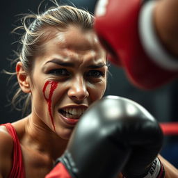 A powerful boxing action shot from the perspective of a fighter delivering a punch to a female Mexican boxer