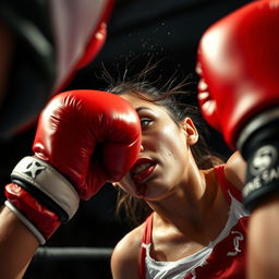 A powerful boxing action shot from the perspective of a fighter delivering a punch to a female Mexican boxer